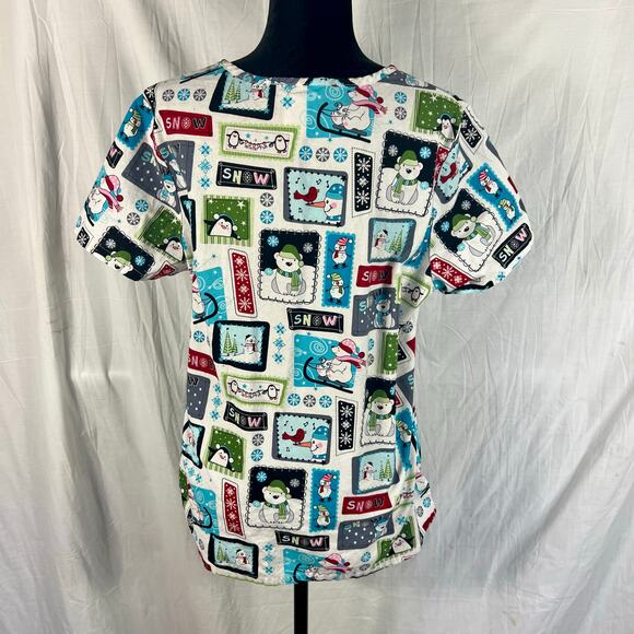 SB Scrubs Top Christmas Winter Snowman Unisex Medium Pockets Nursing Medical - Picture 6 of 9